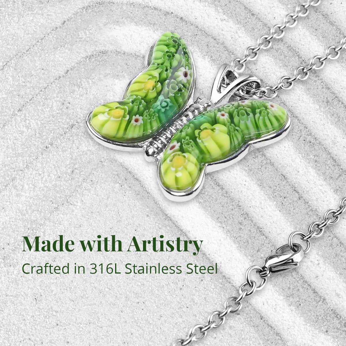 Green Murano Style  Necklace in Stainless Steel, Butterfly Pendant, Wedding Gifts For Women (24 Inches) image number 3