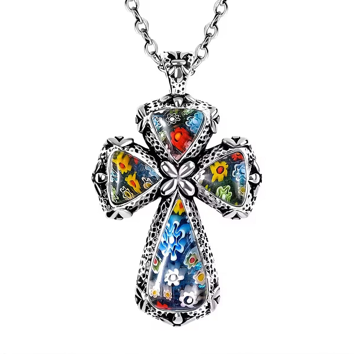 Murano Style Cross Pendant Necklace 20 Inches in Stainless Steel, Floral Millefiori Pendant Necklace, Sweatproof Hypoallergenic Necklace, Gift For Her image number 0