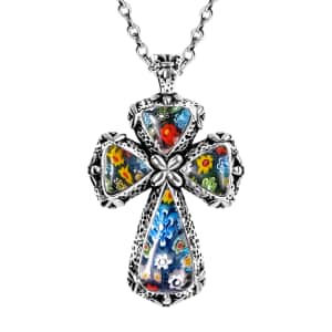 Murano Style Cross Pendant Necklace 20 Inches in Stainless Steel