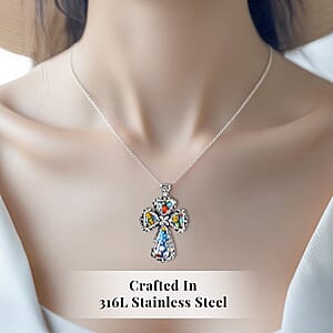 Multi Murano Style Cross Pendant Necklace For Women in Stainless Steel 20 Inches