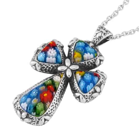 Murano Style Cross Pendant Necklace 20 Inches in Stainless Steel image number 3