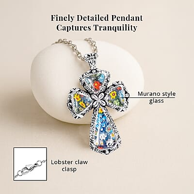 Multi Murano Style Cross Pendant Necklace For Women in Stainless Steel 20 Inches