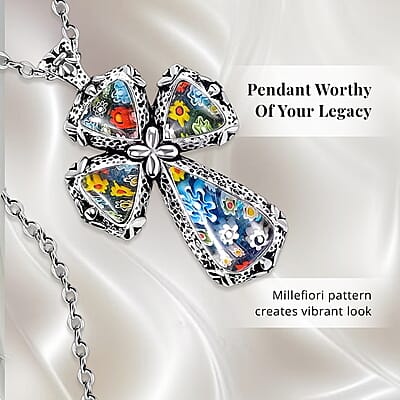Multi Murano Style Cross Pendant Necklace For Women in Stainless Steel 20 Inches