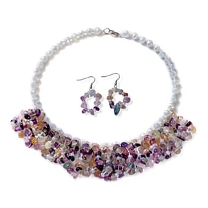 Fluorite and Opalite Earrings and Multi Strand Chips Necklace 18 Inches in Silvertone 563.00 ctw