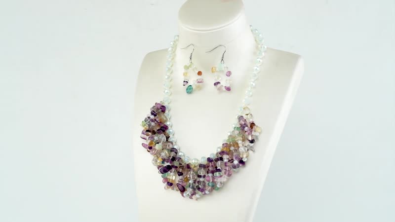 563.00 ctw Fluorite and Opalite Earrings and Bib Necklace 18 Inches in Silvertone
