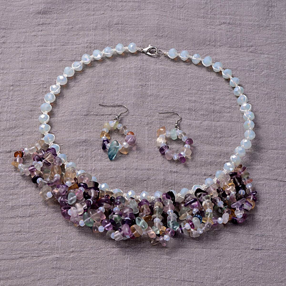 Fluorite and Opalite Earrings and Multi Strand Chips Necklace 18 Inches in Silvertone 563.00 ctw image number 1