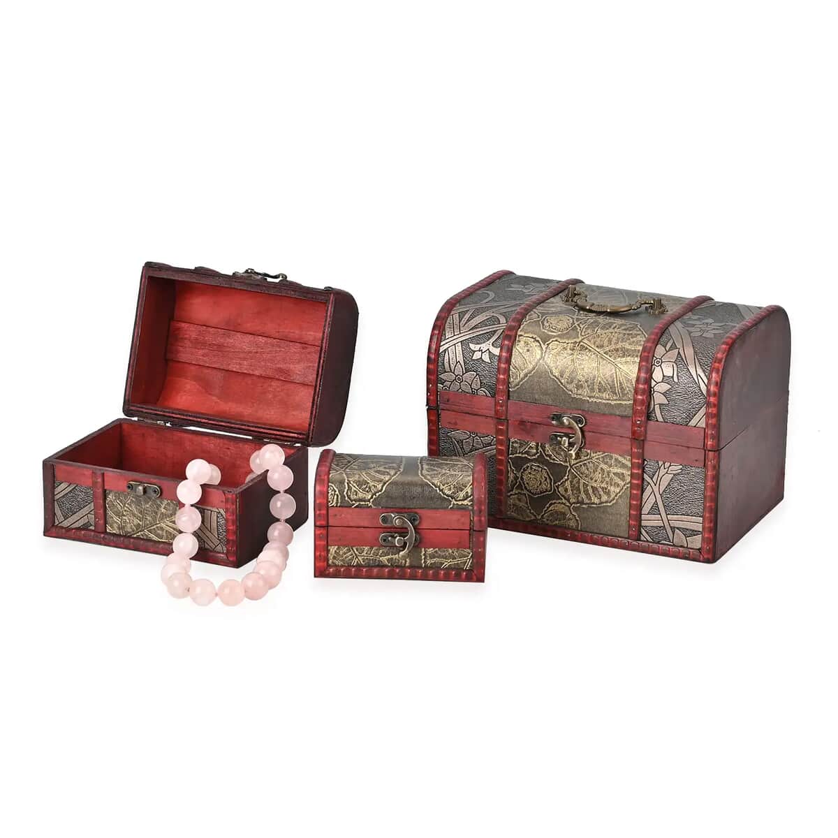 Set of 3 Wine Red Wooden and Orchid and Leaf Pattern Faux Leather Nesting Treasure Chest with Latch Lock and Handle image number 0