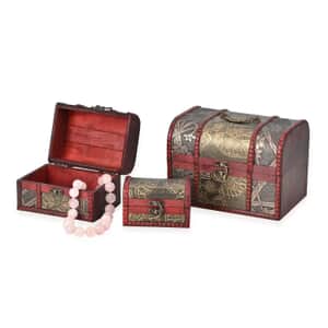 Set of 3 Wine Red Wooden and Orchid and Leaf Pattern Faux Leather Nesting Treasure Chest with Latch Lock and Handle