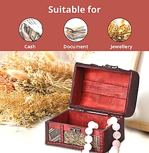 Set of 3 Wine Red Wooden and Orchid and Leaf Pattern Faux Leather Nesting Treasure Chest with Latch Lock and Handle