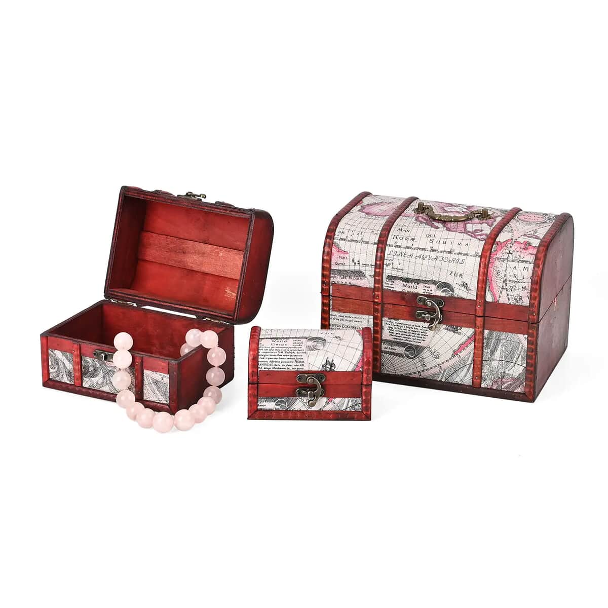 Set of 3 Wine Red Wooden and Map Pattern Faux Leather Nesting Treasure Chest with Latch Lock and Handle image number 0