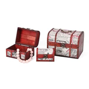 Set of 3 Wine Red Wooden and Map Pattern Faux Leather Nesting Treasure Chest with Latch Lock and Handle