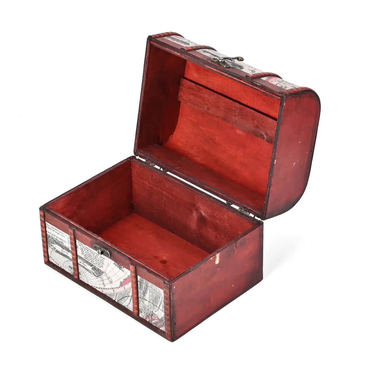Set of 3 Wine Red Wooden and Map Pattern Faux Leather Nesting Treasure Chest with Latch Lock and Handle image number 5