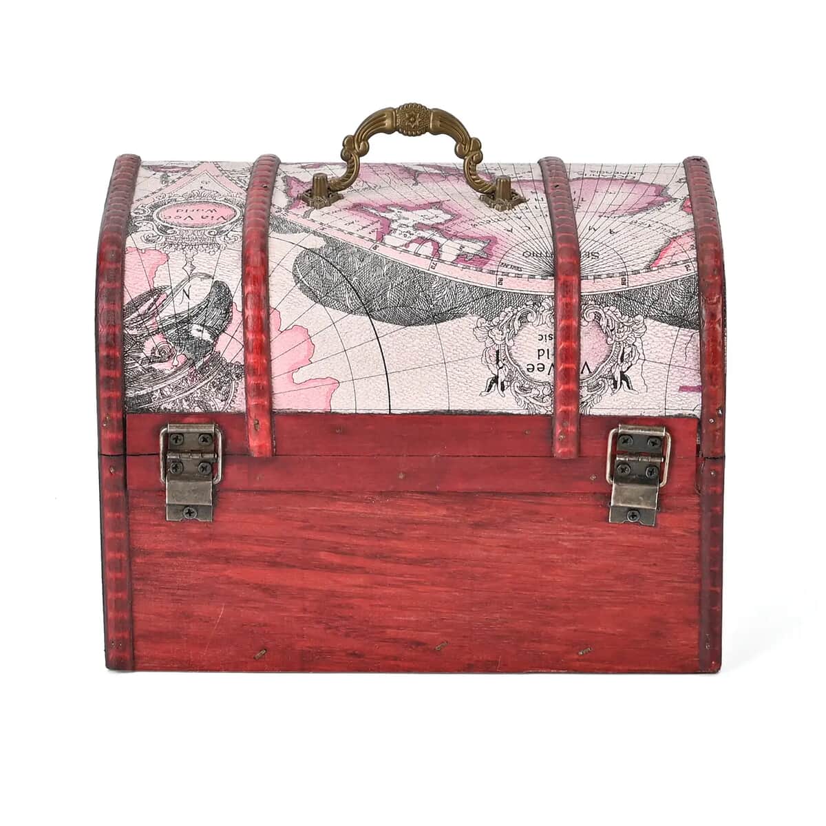 Set of 3 Wine Red Wooden and Map Pattern Faux Leather Nesting Treasure Chest with Latch Lock and Handle image number 6
