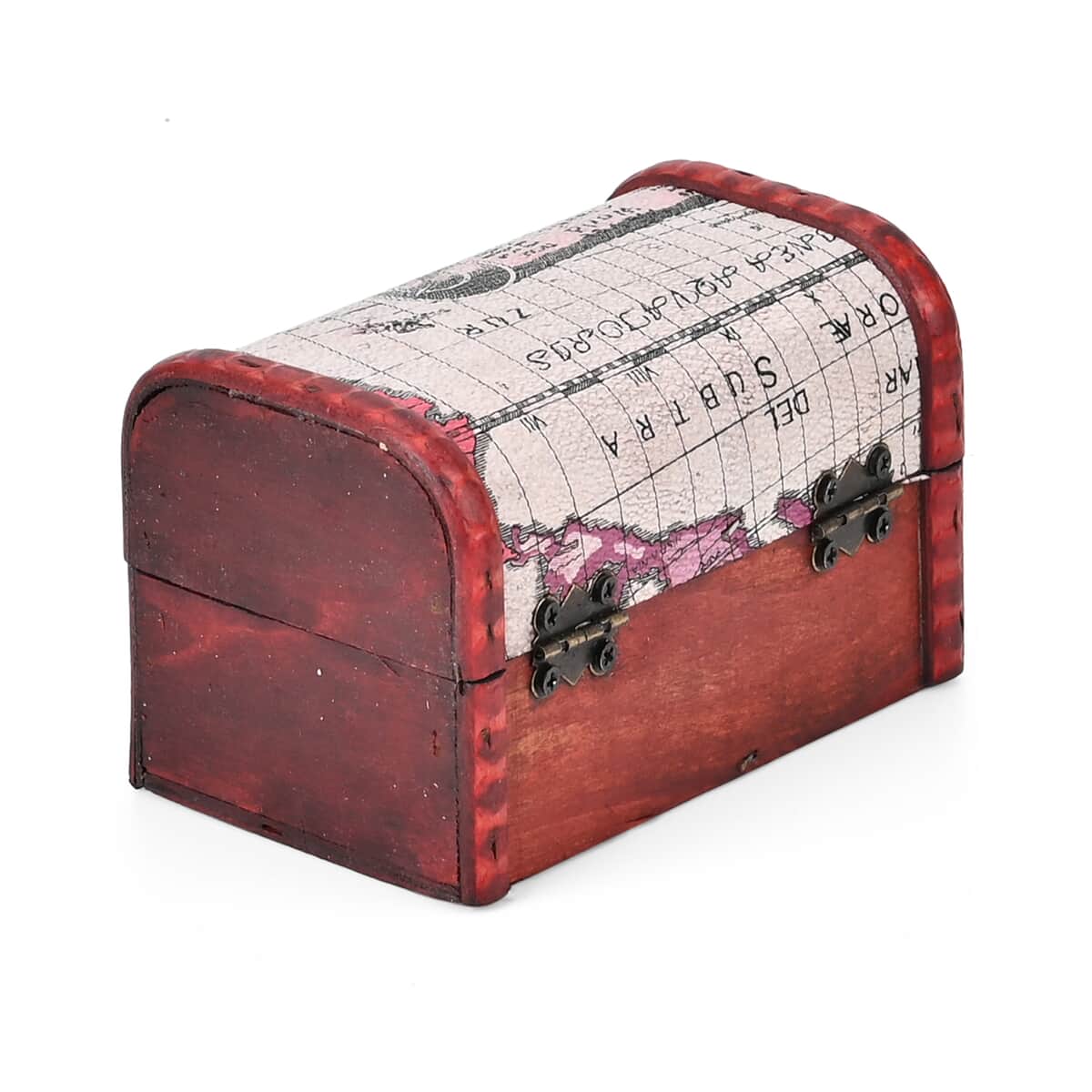 Set of 3 Wine Red Wooden and Map Pattern Faux Leather Nesting Treasure Chest with Latch Lock and Handle image number 7