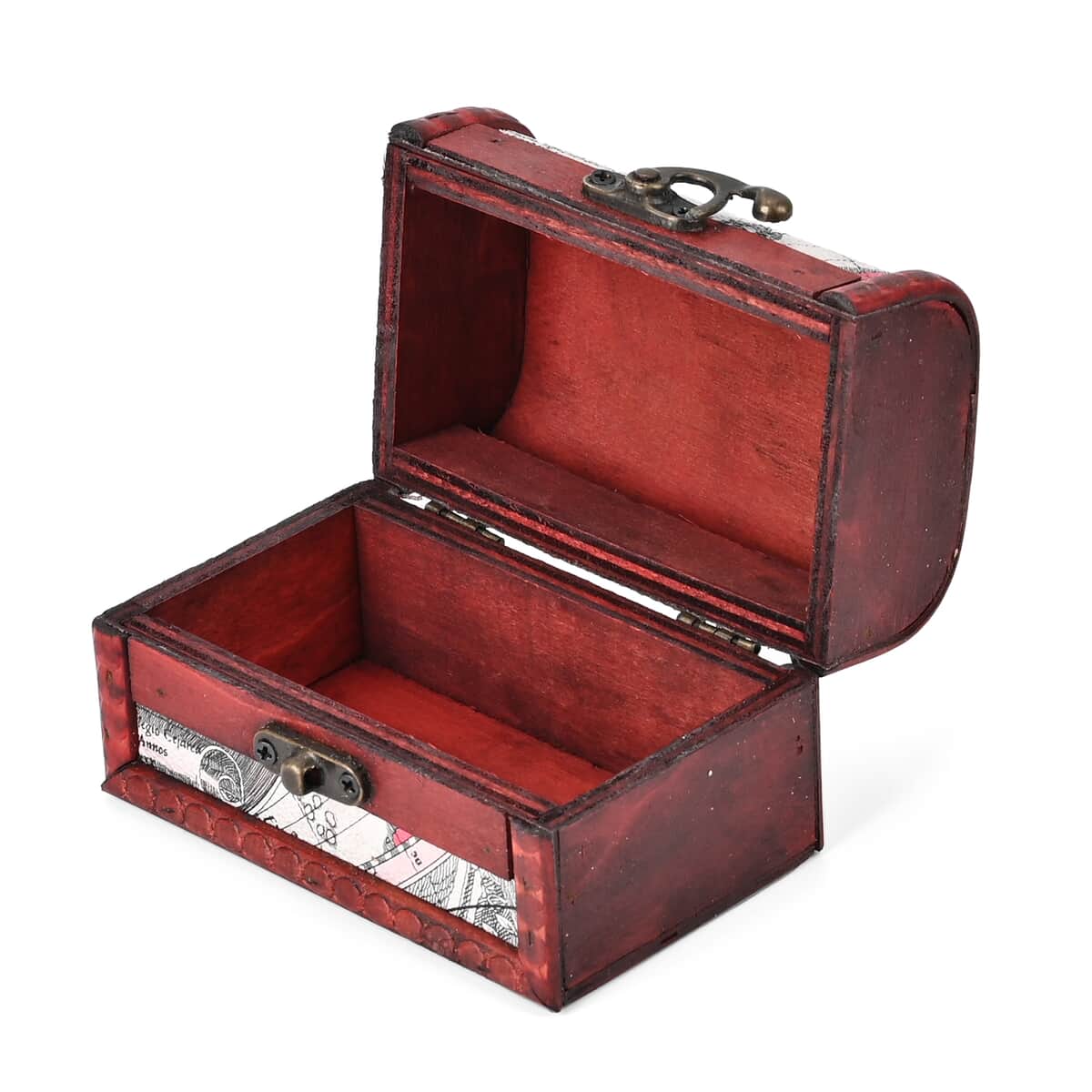 Set of 3 Wine Red Wooden and Map Pattern Faux Leather Nesting Treasure Chest with Latch Lock and Handle image number 8