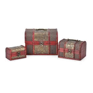 Set of 3 Wine Red Wooden and Daisy Flower Pattern Faux Leather Nesting Treasure Chest with Latch Lock and Handle