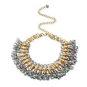 Peacock Color Bib Necklace in Goldtone, Bead Necklace, Waterfall Necklace (13-19 in)