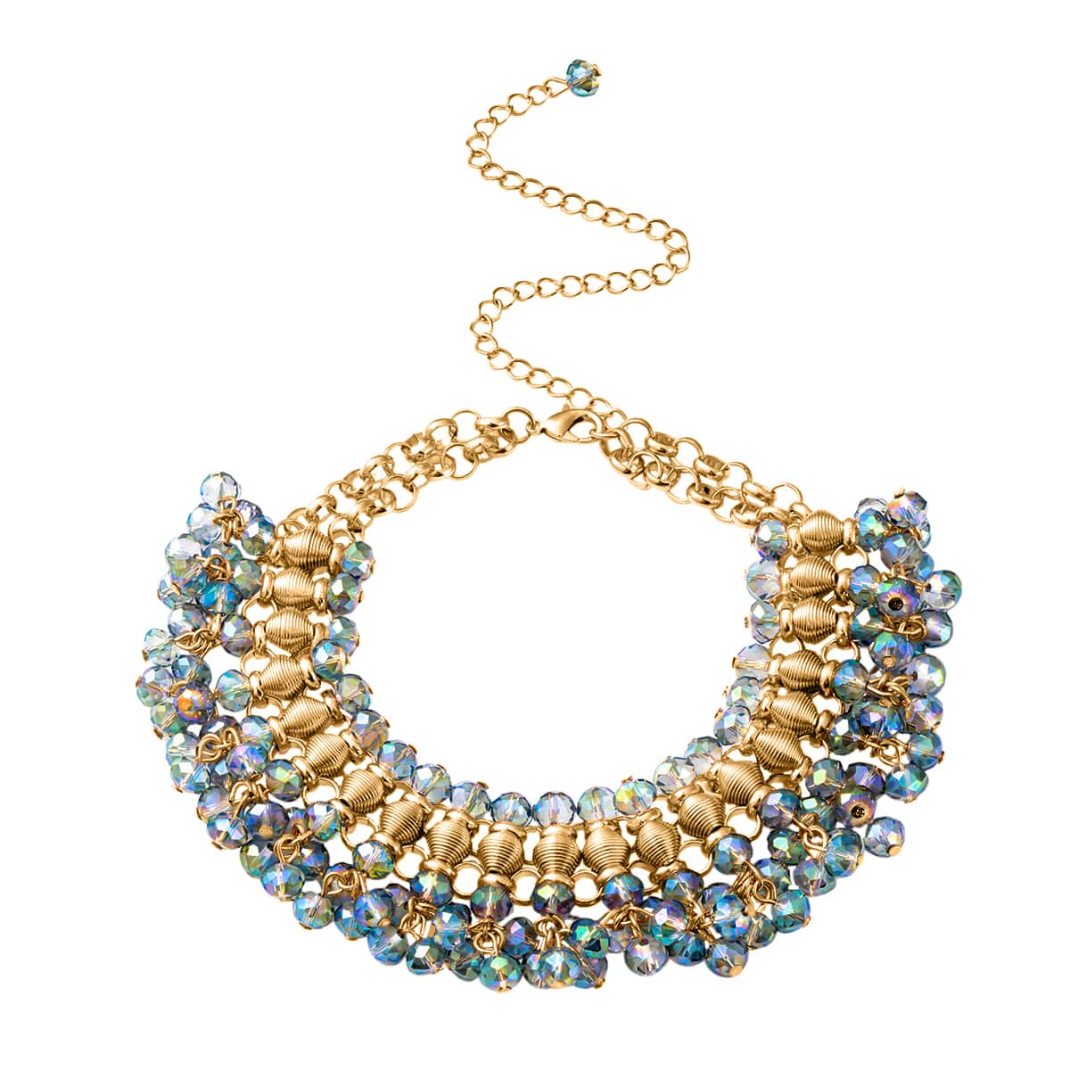 Peacock Color Bib Necklace in Goldtone, Bead Necklace, Waterfall Necklace (13-19 in) image number 0