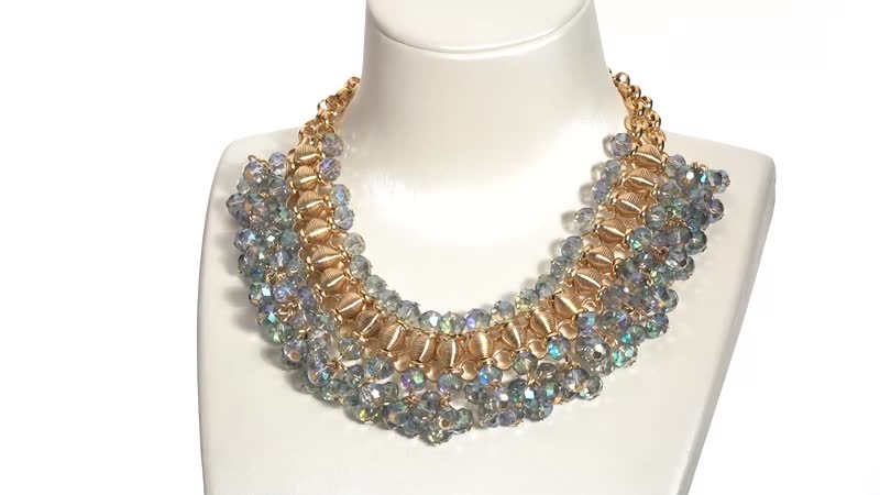 Peacock Color Beads Choker or Bib Necklace 13-19 inch in Goldtone