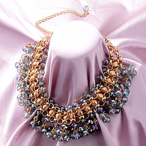 Peacock Color Bib Necklace in Goldtone, Bead Necklace, Waterfall Necklace (13-19 in)