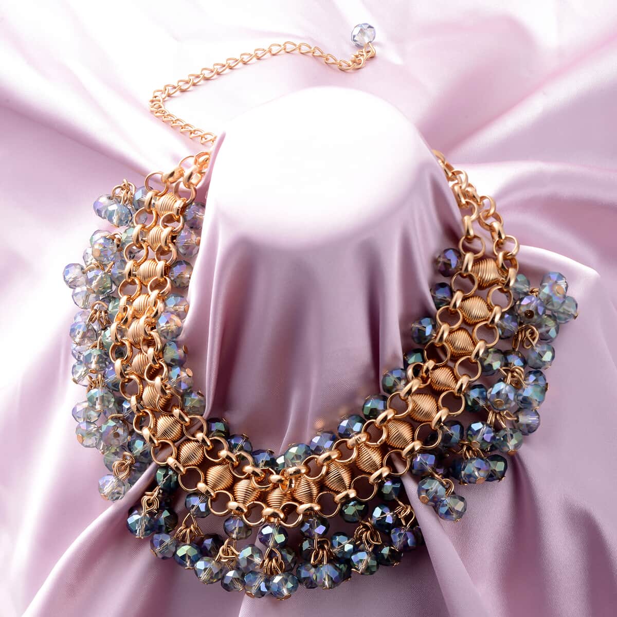 Peacock Color Bib Necklace in Goldtone, Bead Necklace, Waterfall Necklace (13-19 in) image number 1