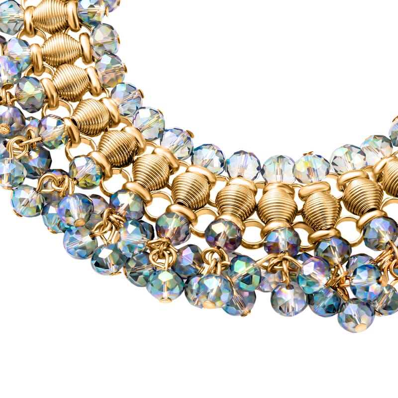 Peacock Color Bib Necklace in Goldtone, Bead Necklace, Waterfall Necklace (13-19 in)