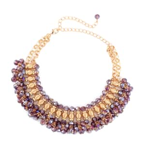 Purple Beaded Waterfall Choker or Bib Necklace 13-19 Inches in Goldtone