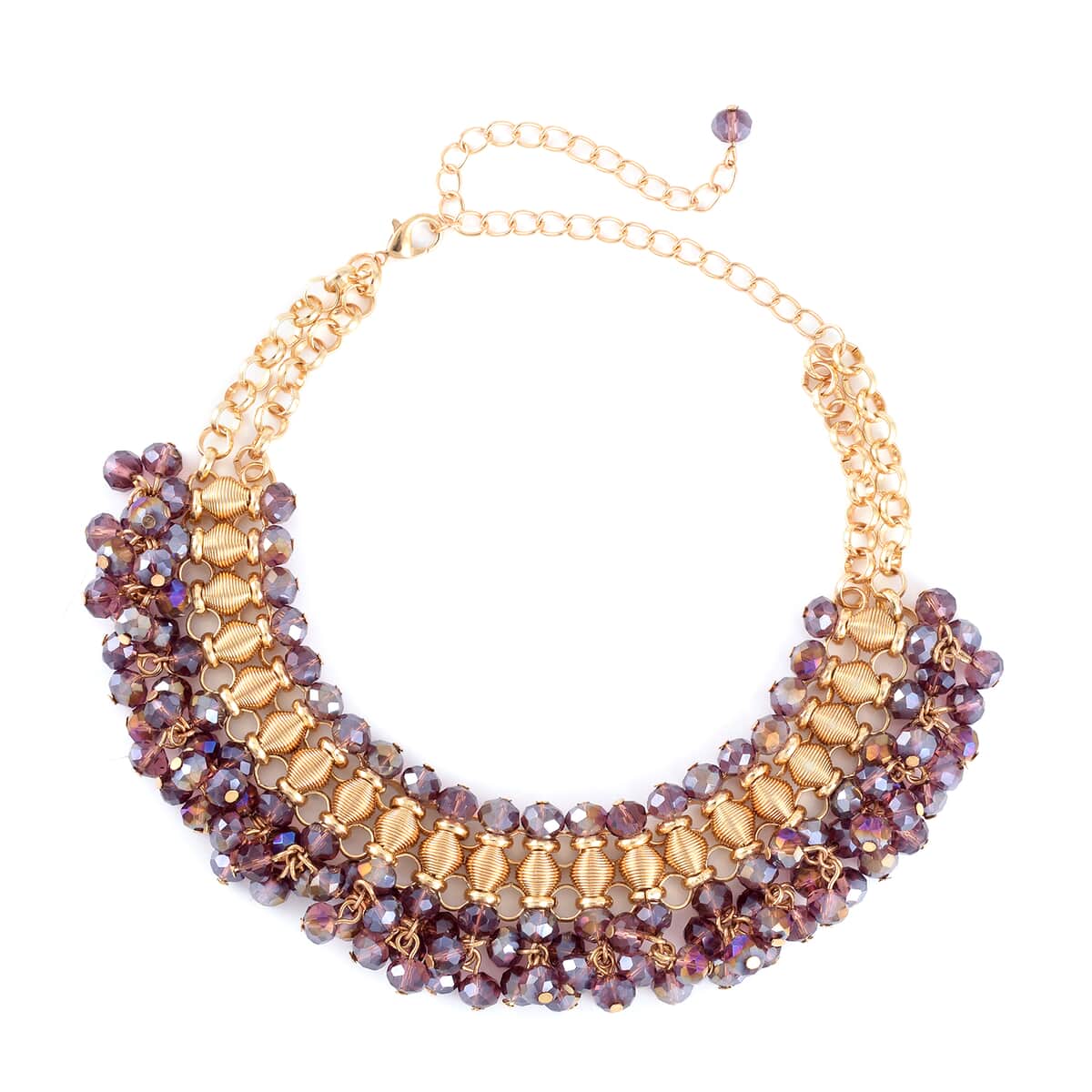 Purple Beaded Waterfall Choker or Bib Necklace 13-19 Inches in Goldtone image number 0