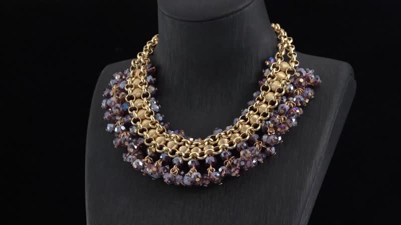 Purple Bead Charm Choker or Bib Necklace 13-19 inch in Goldtone