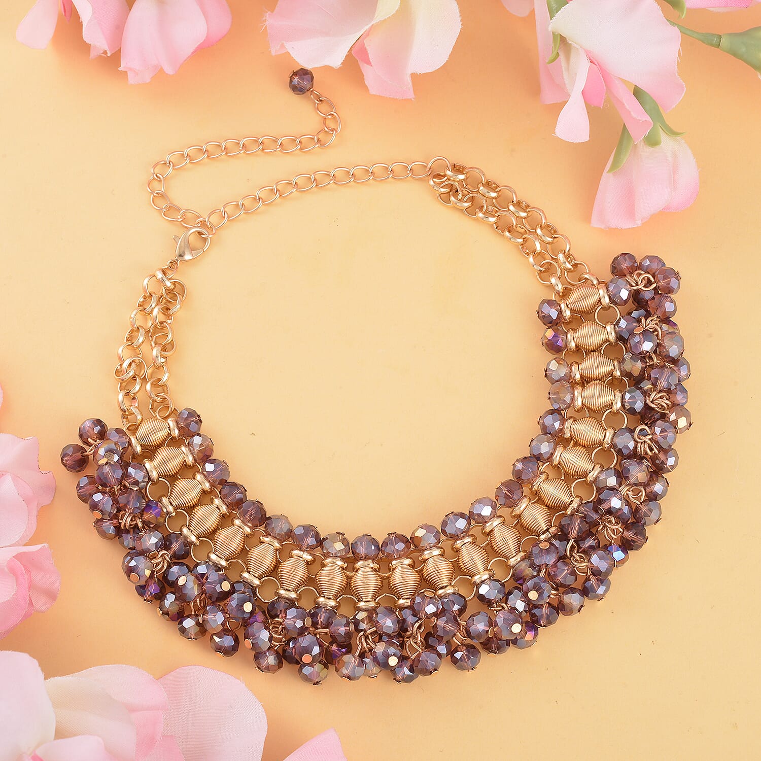 Purple Beaded Waterfall Choker or Bib Necklace 13-19 Inches in Goldtone