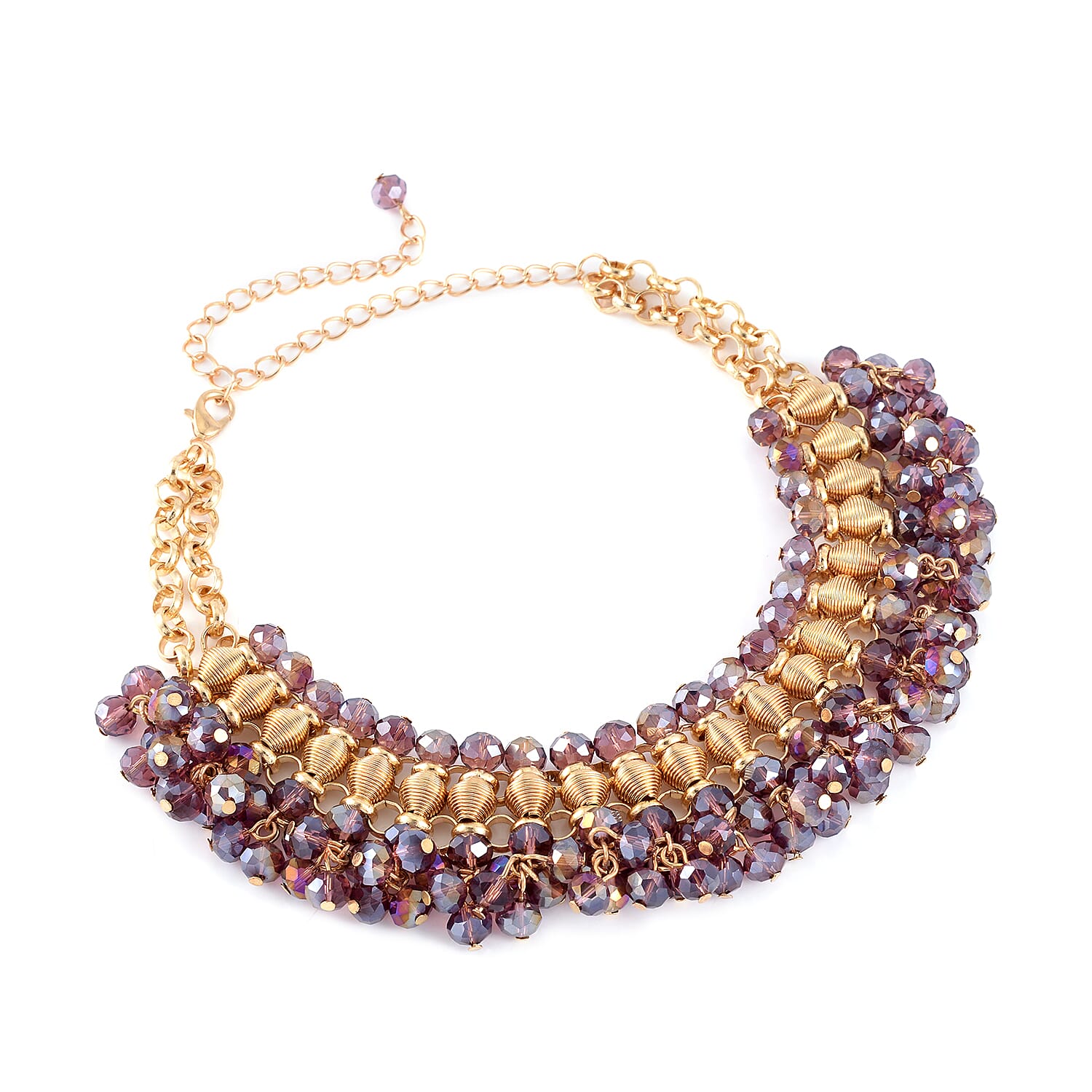 Purple Beaded Waterfall Choker or Bib Necklace 13-19 Inches in Goldtone