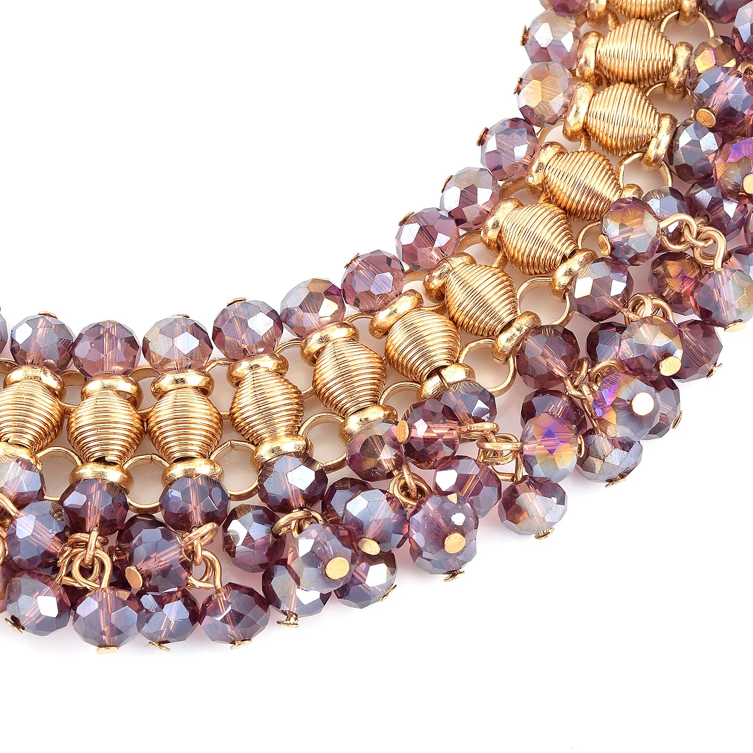 Purple Beaded Waterfall Choker or Bib Necklace 13-19 Inches in Goldtone