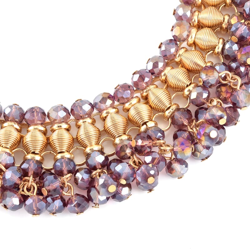 Purple Beaded Waterfall Choker or Bib Necklace 13-19 Inches in Goldtone