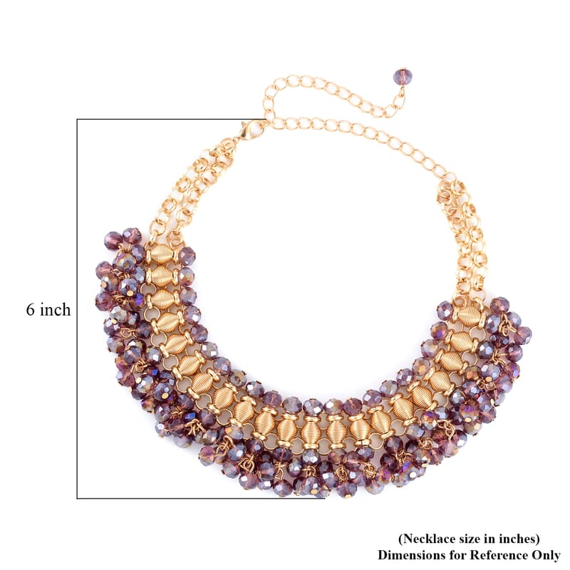 Purple Beaded Waterfall Choker or Bib Necklace 13-19 Inches in Goldtone