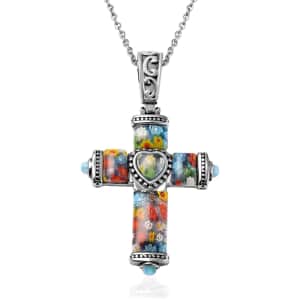 Murano Style Millefiori Glass Cross Pendant Necklace in Black Oxidized Stainless Steel Chain, Religious Pendant for Women and Men 20 Inches