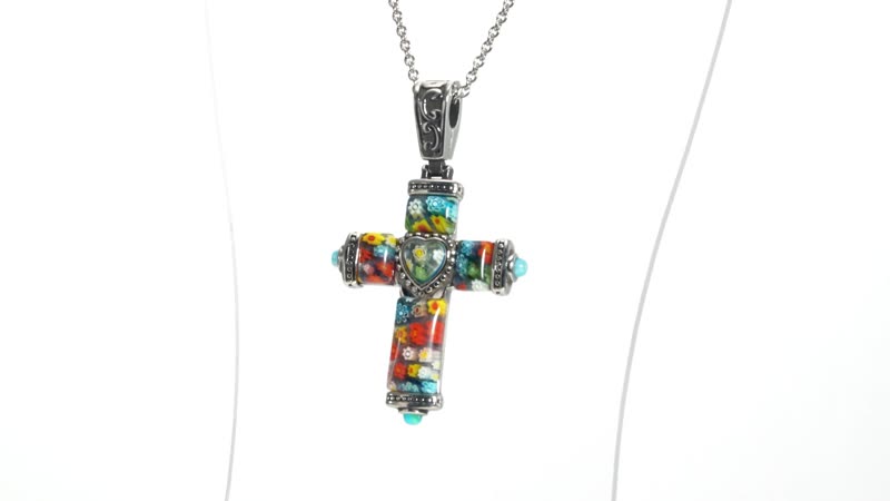 Multi Color Murano Style Cross Pendant Necklace 20 inch in Black Oxidized Stainless Steel
