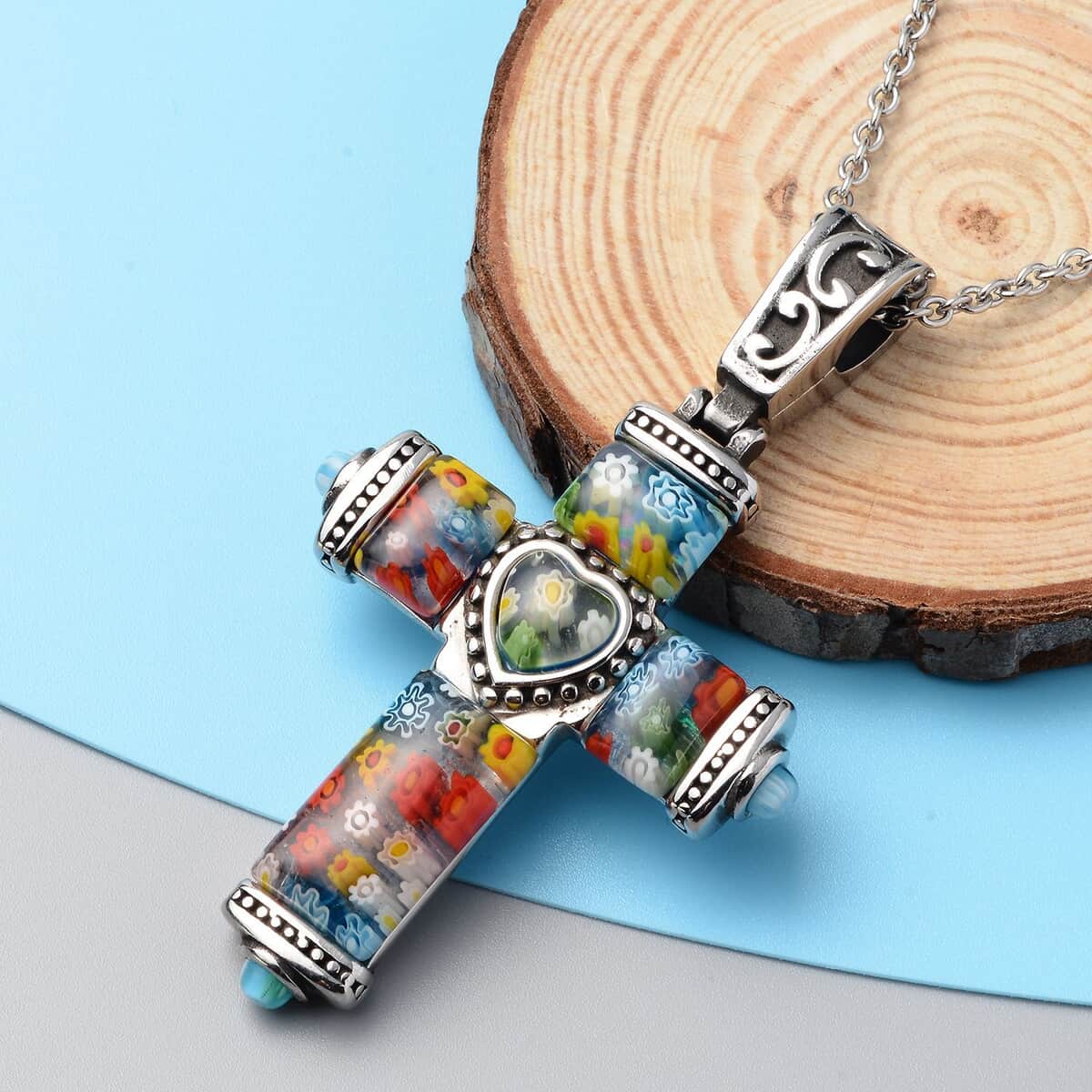 Murano Style Millefiori Glass Cross Pendant Necklace in Black Oxidized Stainless Steel Chain 20 Inches, Religious Pendant for Women and Men image number 1
