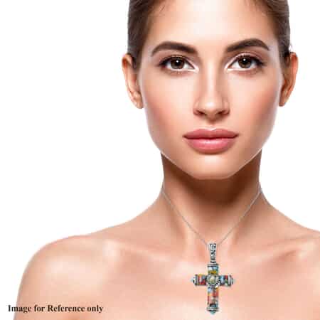 Murano Style Millefiori Glass Cross Pendant Necklace in Black Oxidized Stainless Steel Chain 20 Inches, Religious Pendant for Women and Men image number 2