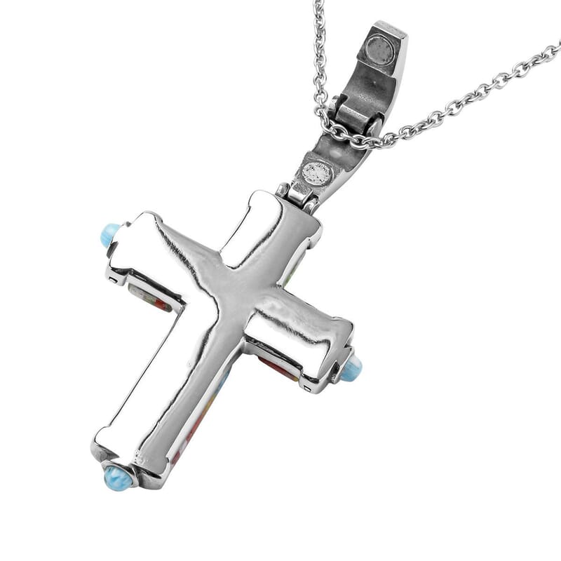 Multi Murano Style Cross Pendant Necklace in Black Oxidized Stainless Steel Chain, Religious Pendant for Women and Men 20 Inches