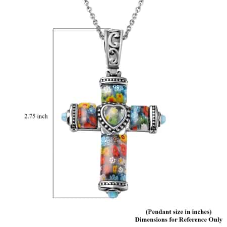 Murano Style Millefiori Glass Cross Pendant Necklace in Black Oxidized Stainless Steel Chain 20 Inches, Religious Pendant for Women and Men image number 4