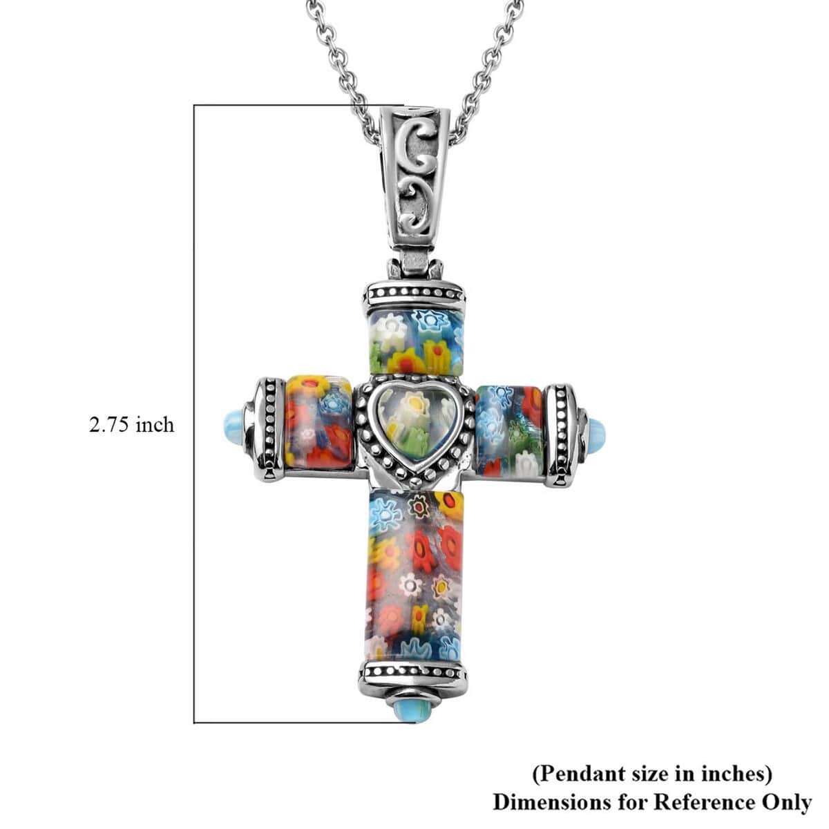 Murano Style Millefiori Glass Cross Pendant Necklace in Black Oxidized Stainless Steel Chain 20 Inches, Religious Pendant for Women and Men image number 6
