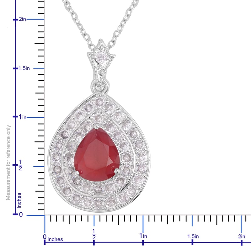 Simulated Ruby and White Diamond Pendant Necklace 18 inch in Silvertone