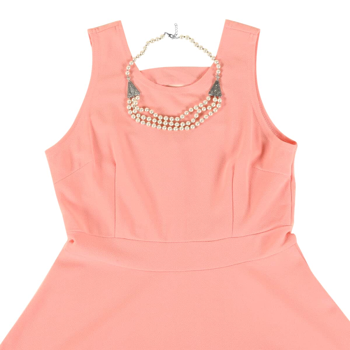 Peach 95% Polyester & 5% Spandex Tank Dress and White Glass Pearl Black Oxidized Silvertone Three-row Necklace 20 inch image number 0