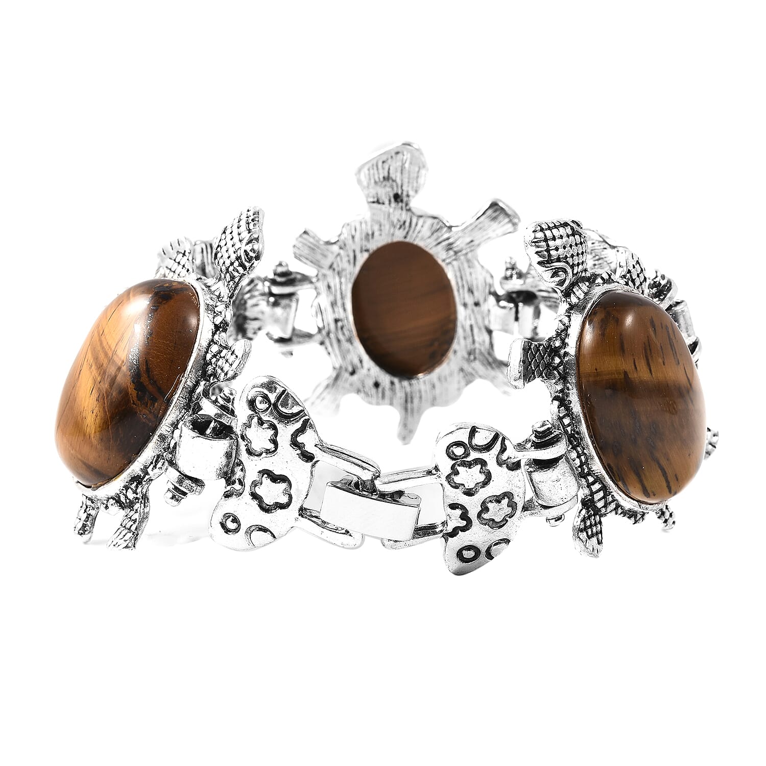 South African Tigers Eye Turtle & Flower Bracelet (7.50 In) and Earrings in Silvertone 60.00 ctw