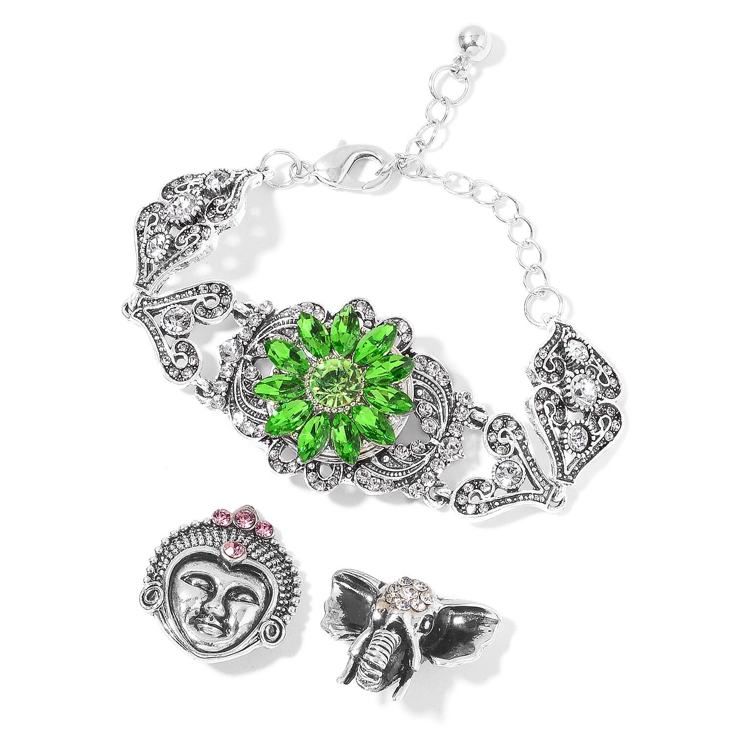 Simulated Emerald and Austrian Crystal Bracelet with Set of 3 Interchangeable Snap on Buttons 5.00-7.50 Inch in Silvertone
