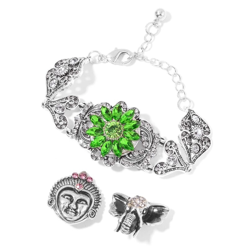 Simulated Emerald and Austrian Crystal Bracelet with Set of 3 Interchangeable Snap on Buttons 5.00-7.50 Inch in Silvertone