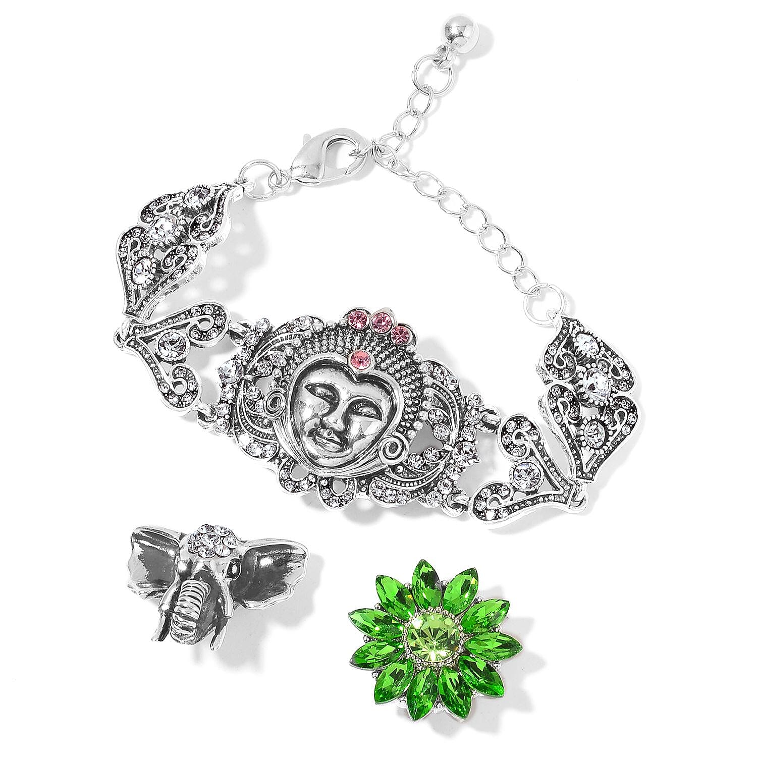 Simulated Emerald and Austrian Crystal Bracelet with Set of 3 Interchangeable Snap on Buttons 5.00-7.50 Inch in Silvertone