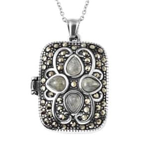 Malagasy Labradorite and Swiss Marcasite Locket Pendant Necklace 20 Inches in Black Oxidized Stainless Steel 45.00 ctw