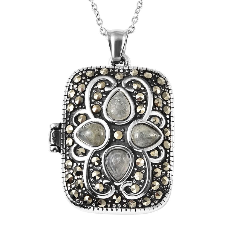 Malagasy Labradorite and Swiss Marcasite 45.00 ctw Locket Pendant Necklace 20 Inches in Black Oxidized Stainless Steel