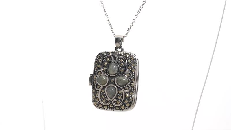 Malagasy Labradorite and Swiss Marcasite 45.00 ctw Locket Pendant Necklace 20 Inches in Black Oxidized Stainless Steel